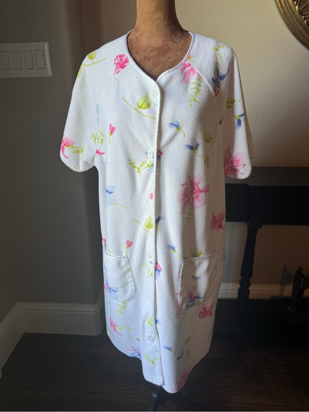 Calypso Floral Terry Cloth Housecoat Button Up Lounge Large Duster Cotton